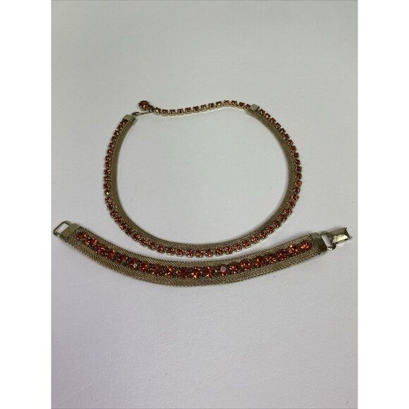 Weiss Gold Tone Mesh Amber Orange Rhinestone Necklace & Bracelet Set Vintage - Picture 13 of 16
